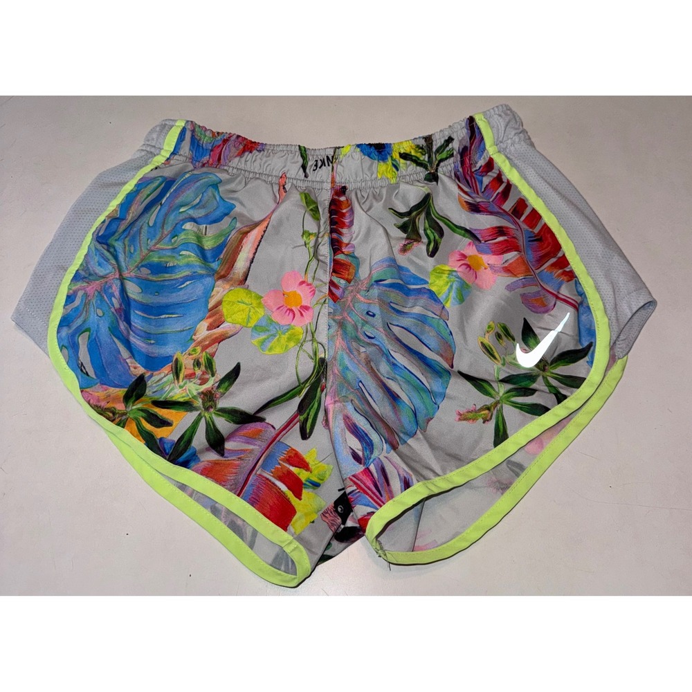 Nike Dri-FIT Tropical Floral Parrot Running Shorts Womens Small Grey Neon Yellow
